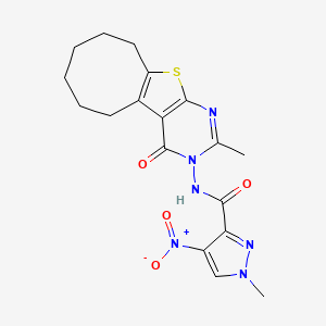 molecular formula C18H20N6O4S B10961490 1-Methyl-N-[2-methyl-4-oxo-5,6,7,8,9,10-hexahydrocycloocta[4,5]thieno[2,3-D]pyrimidin-3(4H)-YL]-4-nitro-1H-pyrazole-3-carboxamide 