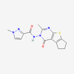 molecular formula C15H15N5O2S B10961813 1-Methyl-N-[2-methyl-4-oxo-6,7-dihydro-4H-cyclopenta[4,5]thieno[2,3-D]pyrimidin-3(5H)-YL]-1H-pyrazole-3-carboxamide 