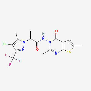 molecular formula C16H15ClF3N5O2S B10961929 2-[4-Chloro-5-methyl-3-(trifluoromethyl)-1H-pyrazol-1-YL]-N-[2,6-dimethyl-4-oxothieno[2,3-D]pyrimidin-3(4H)-YL]propanamide 