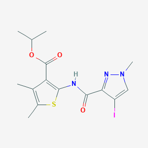 molecular formula C15H18IN3O3S B10962026 propan-2-yl 2-{[(4-iodo-1-methyl-1H-pyrazol-3-yl)carbonyl]amino}-4,5-dimethylthiophene-3-carboxylate 