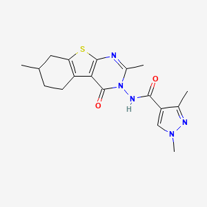 molecular formula C18H21N5O2S B10962111 N-(2,7-dimethyl-4-oxo-5,6,7,8-tetrahydro[1]benzothieno[2,3-d]pyrimidin-3(4H)-yl)-1,3-dimethyl-1H-pyrazole-4-carboxamide 