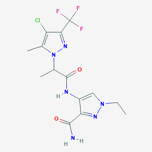 molecular formula C14H16ClF3N6O2 B10962542 4-({2-[4-chloro-5-methyl-3-(trifluoromethyl)-1H-pyrazol-1-yl]propanoyl}amino)-1-ethyl-1H-pyrazole-3-carboxamide CAS No. 1005640-68-5