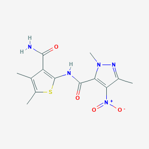 molecular formula C13H15N5O4S B10962570 N-(3-carbamoyl-4,5-dimethylthiophen-2-yl)-1,3-dimethyl-4-nitro-1H-pyrazole-5-carboxamide 