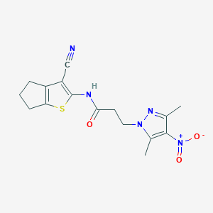 molecular formula C16H17N5O3S B10962672 N-(3-cyano-5,6-dihydro-4H-cyclopenta[b]thiophen-2-yl)-3-(3,5-dimethyl-4-nitro-1H-pyrazol-1-yl)propanamide 