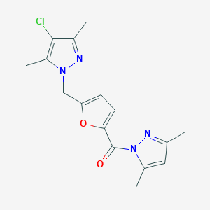 molecular formula C16H17ClN4O2 B10963249 {5-[(4-chloro-3,5-dimethyl-1H-pyrazol-1-yl)methyl]furan-2-yl}(3,5-dimethyl-1H-pyrazol-1-yl)methanone 