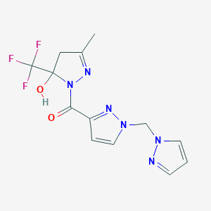 molecular formula C13H13F3N6O2 B10963276 [5-hydroxy-3-methyl-5-(trifluoromethyl)-4,5-dihydro-1H-pyrazol-1-yl][1-(1H-pyrazol-1-ylmethyl)-1H-pyrazol-3-yl]methanone 