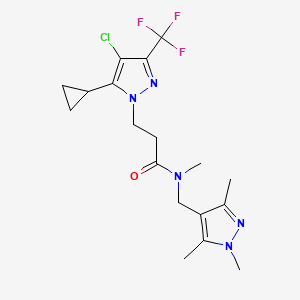 molecular formula C18H23ClF3N5O B10963366 3-[4-chloro-5-cyclopropyl-3-(trifluoromethyl)-1H-pyrazol-1-yl]-N-methyl-N-[(1,3,5-trimethyl-1H-pyrazol-4-yl)methyl]propanamide 