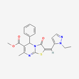 molecular formula C21H20N4O3S B10963758 methyl (2E)-2-[(1-ethyl-1H-pyrazol-5-yl)methylidene]-7-methyl-3-oxo-5-phenyl-2,3-dihydro-5H-[1,3]thiazolo[3,2-a]pyrimidine-6-carboxylate 