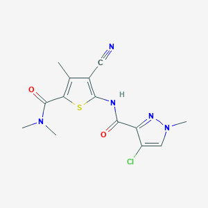 molecular formula C14H14ClN5O2S B10963960 4-chloro-N-[3-cyano-5-(dimethylcarbamoyl)-4-methylthiophen-2-yl]-1-methyl-1H-pyrazole-3-carboxamide 