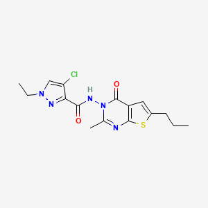 molecular formula C16H18ClN5O2S B10965183 4-Chloro-1-ethyl-N-[2-methyl-4-oxo-6-propylthieno[2,3-D]pyrimidin-3(4H)-YL]-1H-pyrazole-3-carboxamide 