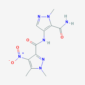 molecular formula C11H13N7O4 B10965962 N-(5-carbamoyl-1-methyl-1H-pyrazol-4-yl)-1,5-dimethyl-4-nitro-1H-pyrazole-3-carboxamide 