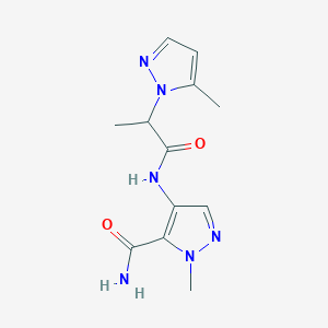 molecular formula C12H16N6O2 B10966329 1-methyl-4-{[2-(5-methyl-1H-pyrazol-1-yl)propanoyl]amino}-1H-pyrazole-5-carboxamide 