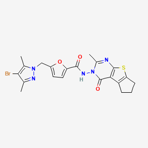 molecular formula C21H20BrN5O3S B10967132 5-[(4-bromo-3,5-dimethyl-1H-pyrazol-1-yl)methyl]-N-(2-methyl-4-oxo-6,7-dihydro-4H-cyclopenta[4,5]thieno[2,3-d]pyrimidin-3(5H)-yl)furan-2-carboxamide 