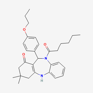 molecular formula C30H38N2O3 B10967578 10-hexanoyl-3,3-dimethyl-11-(4-propoxyphenyl)-2,3,4,5,10,11-hexahydro-1H-dibenzo[b,e][1,4]diazepin-1-one 