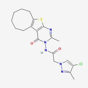 molecular formula C19H22ClN5O2S B10967860 2-(4-Chloro-3-methyl-1H-pyrazol-1-YL)-N-[2-methyl-4-oxo-5,6,7,8,9,10-hexahydrocycloocta[4,5]thieno[2,3-D]pyrimidin-3(4H)-YL]acetamide 