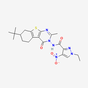 molecular formula C21H26N6O4S B10968067 N-(7-tert-butyl-2-methyl-4-oxo-5,6,7,8-tetrahydro[1]benzothieno[2,3-d]pyrimidin-3(4H)-yl)-1-ethyl-4-nitro-1H-pyrazole-3-carboxamide 