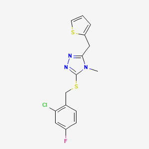 molecular formula C15H13ClFN3S2 B10968352 3-[(2-chloro-4-fluorobenzyl)sulfanyl]-4-methyl-5-(thiophen-2-ylmethyl)-4H-1,2,4-triazole 