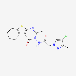 molecular formula C17H18ClN5O2S B10969641 2-(4-Chloro-3-methyl-1H-pyrazol-1-YL)-N-[2-methyl-4-oxo-5,6,7,8-tetrahydro[1]benzothieno[2,3-D]pyrimidin-3(4H)-YL]acetamide 