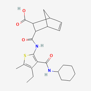 molecular formula C23H30N2O4S B10969689 3-{[3-(Cyclohexylcarbamoyl)-4-ethyl-5-methylthiophen-2-yl]carbamoyl}bicyclo[2.2.1]hept-5-ene-2-carboxylic acid 