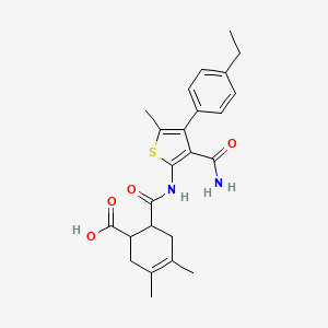 molecular formula C24H28N2O4S B10969758 6-{[3-Carbamoyl-4-(4-ethylphenyl)-5-methylthiophen-2-yl]carbamoyl}-3,4-dimethylcyclohex-3-ene-1-carboxylic acid 