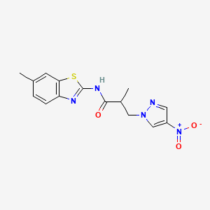 molecular formula C15H15N5O3S B10970471 2-methyl-N-(6-methyl-1,3-benzothiazol-2-yl)-3-(4-nitro-1H-pyrazol-1-yl)propanamide 