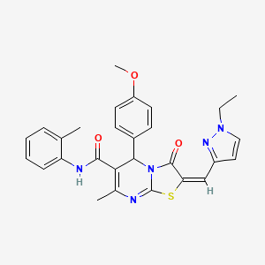 molecular formula C28H27N5O3S B10970792 (2E)-2-[(1-ethyl-1H-pyrazol-3-yl)methylidene]-5-(4-methoxyphenyl)-7-methyl-N-(2-methylphenyl)-3-oxo-2,3-dihydro-5H-[1,3]thiazolo[3,2-a]pyrimidine-6-carboxamide 