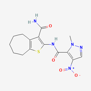 molecular formula C15H17N5O4S B10977723 N-(3-carbamoyl-5,6,7,8-tetrahydro-4H-cyclohepta[b]thiophen-2-yl)-1-methyl-4-nitro-1H-pyrazole-5-carboxamide 