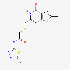 molecular formula C13H13N5O2S3 B10983029 2-{[(4-hydroxy-6-methylthieno[2,3-d]pyrimidin-2-yl)methyl]sulfanyl}-N-[(2E)-5-methyl-1,3,4-thiadiazol-2(3H)-ylidene]acetamide 