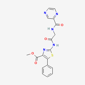 molecular formula C18H15N5O4S B10983964 Methyl 5-phenyl-2-(2-(pyrazine-2-carboxamido)acetamido)thiazole-4-carboxylate 