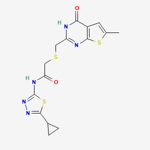 molecular formula C15H15N5O2S3 B10986673 N-(5-cyclopropyl-1,3,4-thiadiazol-2-yl)-2-{[(4-hydroxy-6-methylthieno[2,3-d]pyrimidin-2-yl)methyl]sulfanyl}acetamide 