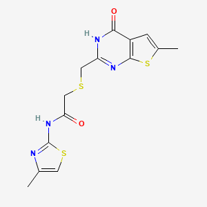 molecular formula C14H14N4O2S3 B10988063 2-{[(4-hydroxy-6-methylthieno[2,3-d]pyrimidin-2-yl)methyl]sulfanyl}-N-(4-methyl-1,3-thiazol-2-yl)acetamide 