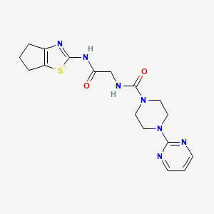 molecular formula C17H21N7O2S B10989319 N-(2-((5,6-dihydro-4H-cyclopenta[d]thiazol-2-yl)amino)-2-oxoethyl)-4-(pyrimidin-2-yl)piperazine-1-carboxamide 