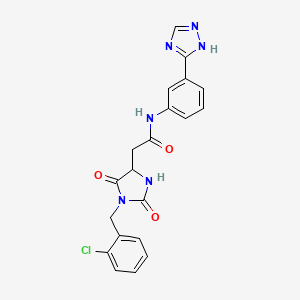 molecular formula C20H17ClN6O3 B10990345 2-[1-(2-chlorobenzyl)-2,5-dioxoimidazolidin-4-yl]-N-[3-(1H-1,2,4-triazol-3-yl)phenyl]acetamide 