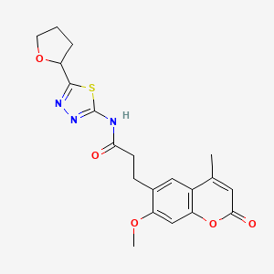 molecular formula C20H21N3O5S B10992480 3-(7-methoxy-4-methyl-2-oxo-2H-chromen-6-yl)-N-(5-(tetrahydrofuran-2-yl)-1,3,4-thiadiazol-2-yl)propanamide 