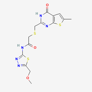 molecular formula C14H15N5O3S3 B10992657 2-{[(4-hydroxy-6-methylthieno[2,3-d]pyrimidin-2-yl)methyl]sulfanyl}-N-[5-(methoxymethyl)-1,3,4-thiadiazol-2-yl]acetamide 