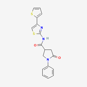 molecular formula C18H15N3O2S2 B10993336 5-oxo-1-phenyl-N-[4-(thiophen-2-yl)-1,3-thiazol-2-yl]pyrrolidine-3-carboxamide 