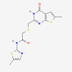 molecular formula C14H14N4O2S3 B10993385 2-{[(4-hydroxy-6-methylthieno[2,3-d]pyrimidin-2-yl)methyl]sulfanyl}-N-(5-methyl-1,3-thiazol-2-yl)acetamide 