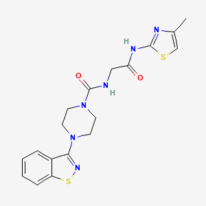 molecular formula C18H20N6O2S2 B10993594 4-(benzo[d]isothiazol-3-yl)-N-(2-((4-methylthiazol-2-yl)amino)-2-oxoethyl)piperazine-1-carboxamide 