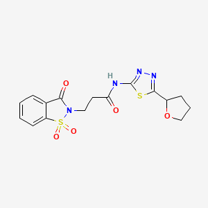 molecular formula C16H16N4O5S2 B10994836 3-(1,1-dioxido-3-oxobenzo[d]isothiazol-2(3H)-yl)-N-(5-(tetrahydrofuran-2-yl)-1,3,4-thiadiazol-2-yl)propanamide 