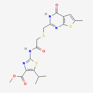 molecular formula C18H20N4O4S3 B10995071 Methyl 2-[({[(4-hydroxy-6-methylthieno[2,3-d]pyrimidin-2-yl)methyl]sulfanyl}acetyl)amino]-5-(propan-2-yl)-1,3-thiazole-4-carboxylate 