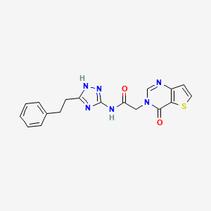 molecular formula C18H16N6O2S B10998320 2-(4-oxothieno[3,2-d]pyrimidin-3(4H)-yl)-N-[3-(2-phenylethyl)-1H-1,2,4-triazol-5-yl]acetamide 