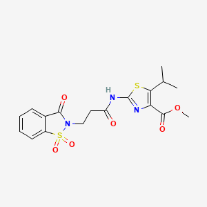 molecular formula C18H19N3O6S2 B10998772 methyl 2-{[3-(1,1-dioxido-3-oxo-1,2-benzothiazol-2(3H)-yl)propanoyl]amino}-5-(propan-2-yl)-1,3-thiazole-4-carboxylate 