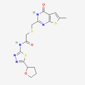 2-{[(4-hydroxy-6-methylthieno[2,3-d]pyrimidin-2-yl)methyl]sulfanyl}-N-[(2E)-5-(tetrahydrofuran-2-yl)-1,3,4-thiadiazol-2(3H)-ylidene]acetamide