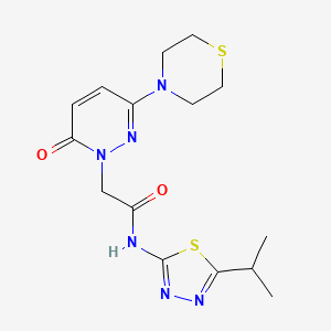 molecular formula C15H20N6O2S2 B11001596 2-[6-oxo-3-(thiomorpholin-4-yl)pyridazin-1(6H)-yl]-N-[(2E)-5-(propan-2-yl)-1,3,4-thiadiazol-2(3H)-ylidene]acetamide 