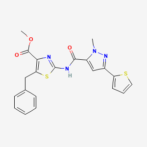 molecular formula C21H18N4O3S2 B11001908 methyl 5-benzyl-2-({[1-methyl-3-(thiophen-2-yl)-1H-pyrazol-5-yl]carbonyl}amino)-1,3-thiazole-4-carboxylate 