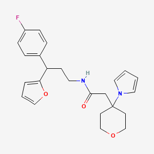 molecular formula C24H27FN2O3 B11002119 N-[3-(4-Fluorophenyl)-3-(furan-2-YL)propyl]-2-[4-(1H-pyrrol-1-YL)oxan-4-YL]acetamide 