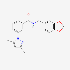 molecular formula C20H19N3O3 B11002906 N-(1,3-benzodioxol-5-ylmethyl)-3-(3,5-dimethyl-1H-pyrazol-1-yl)benzamide 