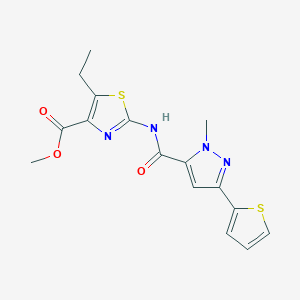 molecular formula C16H16N4O3S2 B11007301 methyl 5-ethyl-2-({[1-methyl-3-(thiophen-2-yl)-1H-pyrazol-5-yl]carbonyl}amino)-1,3-thiazole-4-carboxylate 