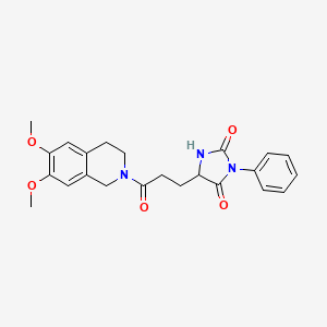 molecular formula C23H25N3O5 B11007732 5-[3-(6,7-dimethoxy-3,4-dihydroisoquinolin-2(1H)-yl)-3-oxopropyl]-3-phenylimidazolidine-2,4-dione 