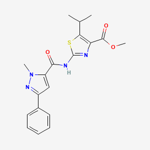 molecular formula C19H20N4O3S B11010229 methyl 2-{[(1-methyl-3-phenyl-1H-pyrazol-5-yl)carbonyl]amino}-5-(propan-2-yl)-1,3-thiazole-4-carboxylate 